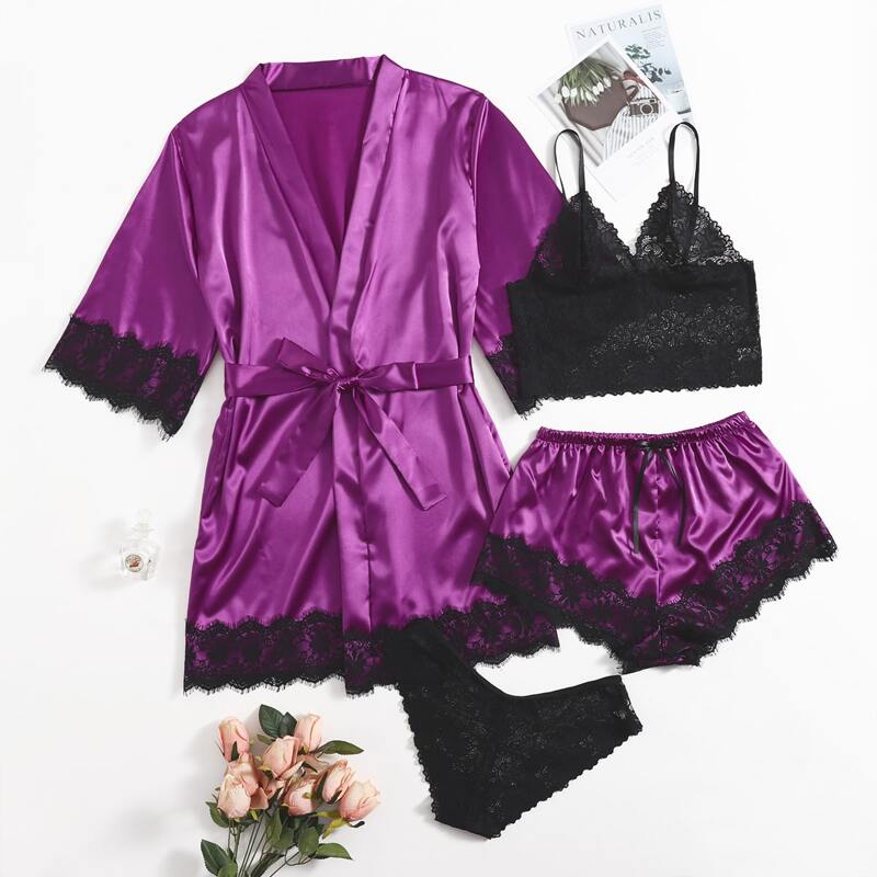 

4pack Floral Lace Satin Lingerie Set, Purple