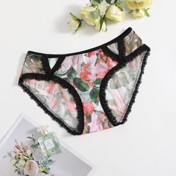 

Plus Floral Print Lace Trim Cut-out Panty, Multicolor