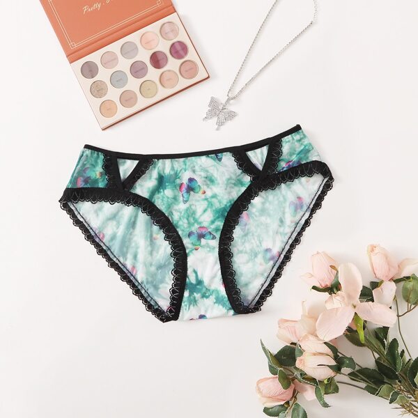 

Plus Butterfly Print Lace Trim Cut-out Panty, Multicolor
