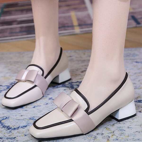 

Bow Decor Square Toe Court Pumps, Beige