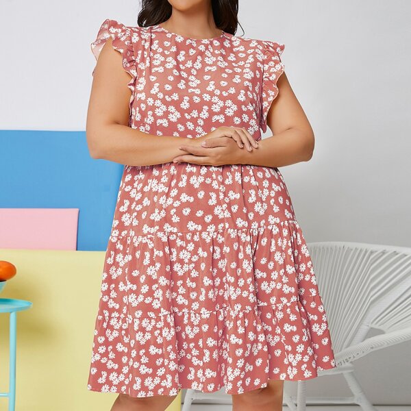 

Plus Ruffle Trim Ditsy Floral Dress, Multicolor