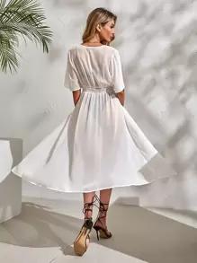 Solid Tie Front Hollow Out Kimono - White - View 2