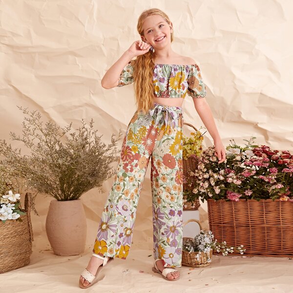 

Girls Floral Print Bardot Top and Self Belted Pants Set, Multicolor