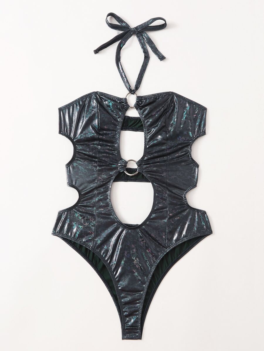 Ring Linked Cut Out Teddy Bodysuit - Dark Grey - View 1