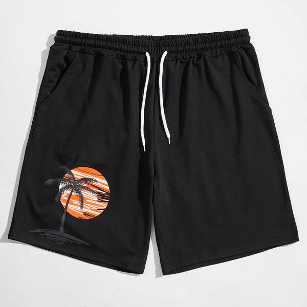 

Men Tropical Print Drawstring Waist Shorts, Black