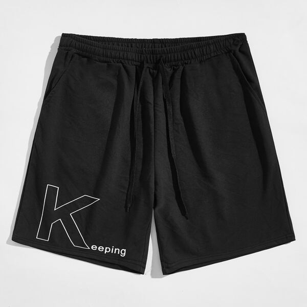 

Men Letter Graphic Drawstring Waist Shorts, Black