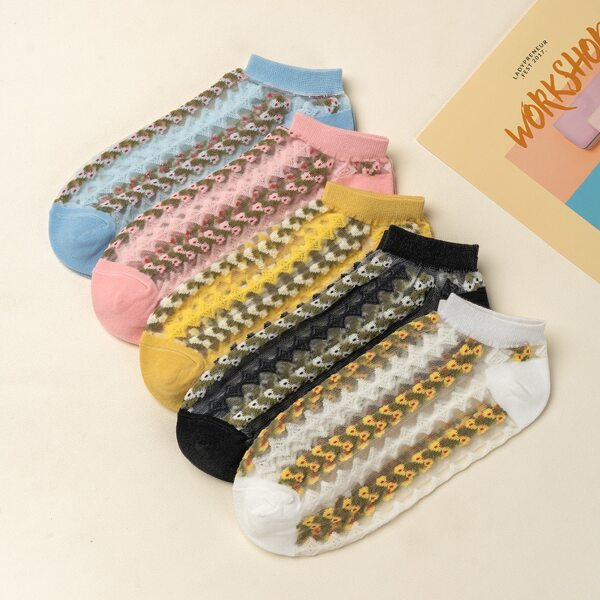 

5pairs Flower Pattern Socks, Multicolor