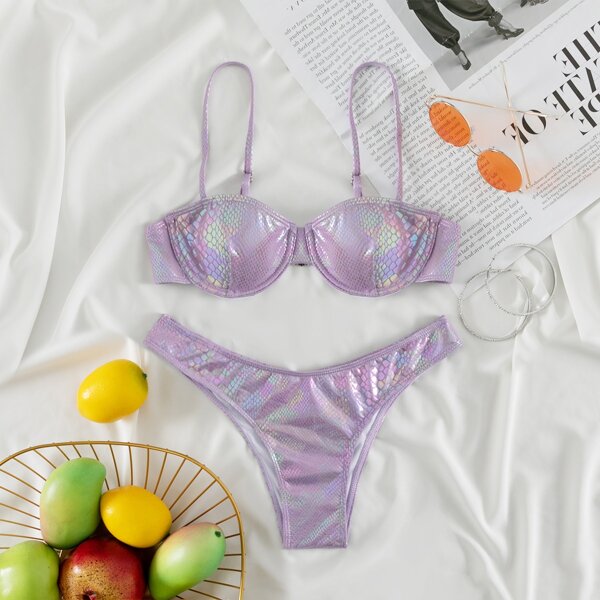 

Snakeskin Metallic Push Up Bikini Swimsuit, Purple
