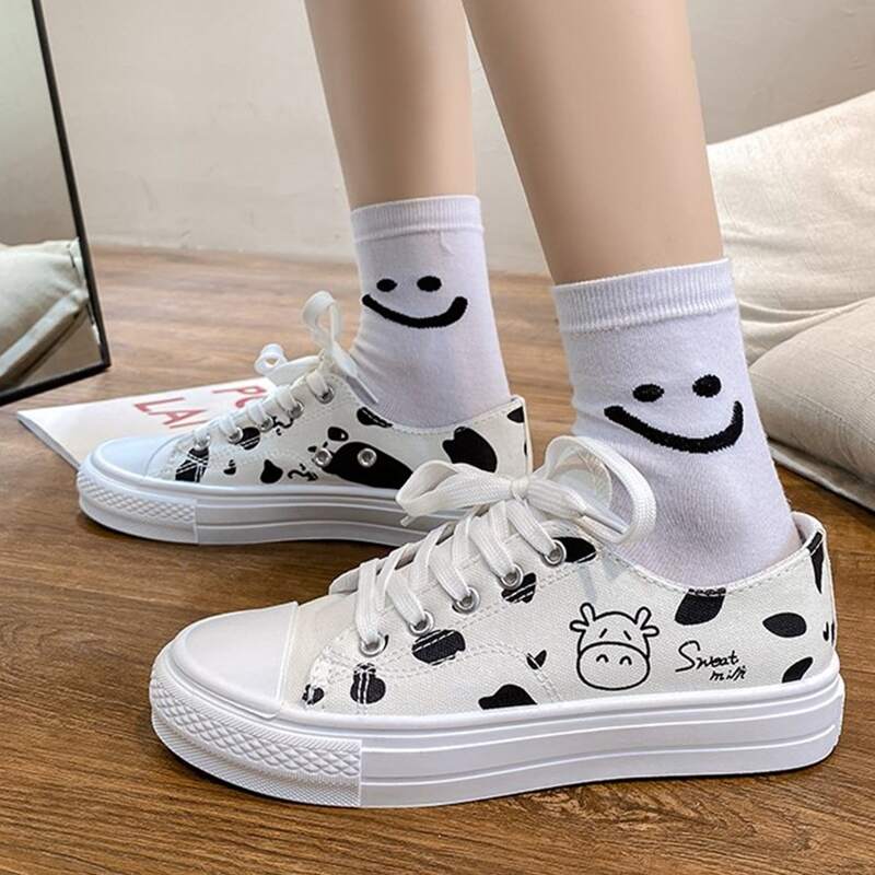 

Cow Print Lace-up Canvas Sneakers, Black and white