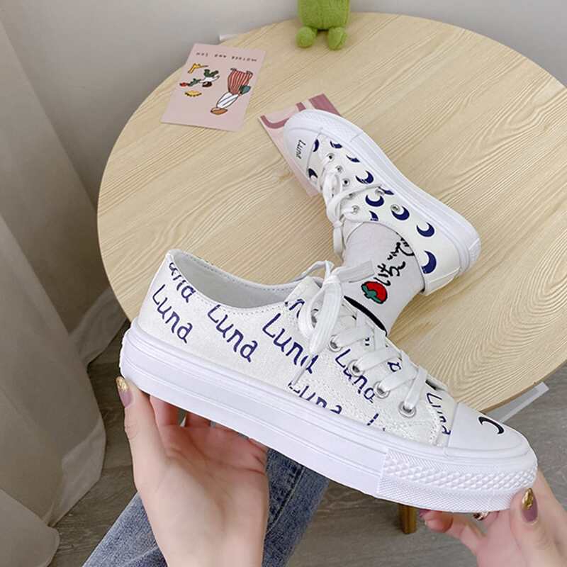 

Letter & Moon Lace-up Canvas Sneakers, White