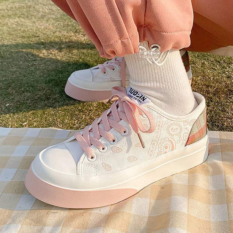 

Paisley Lace-up Canvas Sneakers, Baby pink