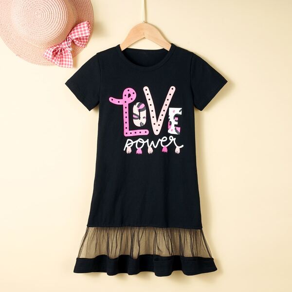 

Toddler Girls Letter Graphic Mesh Panel Dress, Black