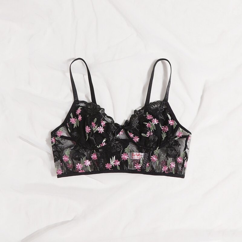 

Floral Embroidered Mesh Bra, Black