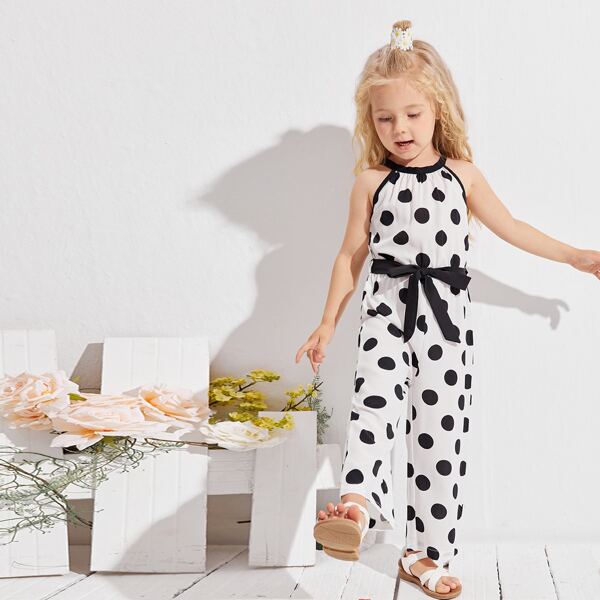 

Toddler Girls Polka Dot Belted Jumpsuit, Black and white