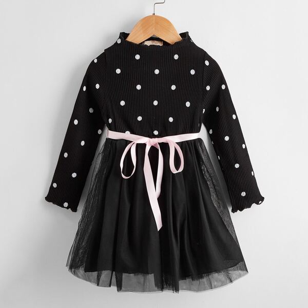 

Toddler Girls Polka Dot Contrast Mesh Belted Dress, Black