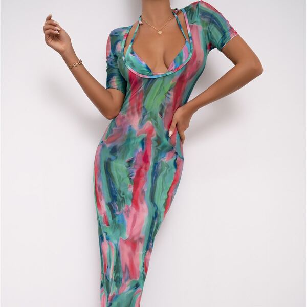 

3pack Abstract Fluid Pattern Bikini Swimsuit & Cover Up, Multicolor
