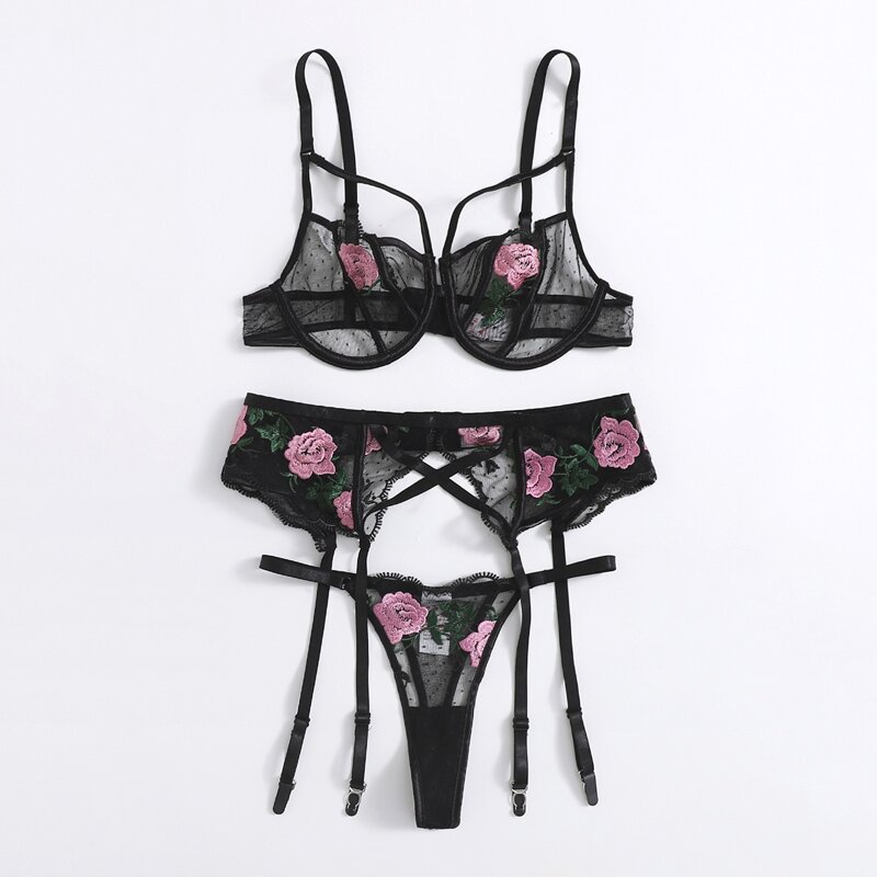 

3pack Floral Embroidered Mesh Garter Lingerie Set, Black
