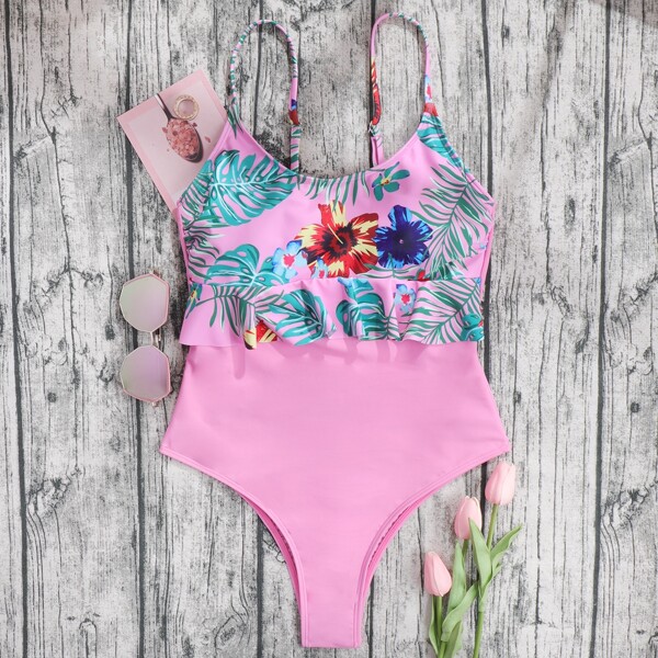 

Random Floral Ruffle One Piece Swimsuit, Multicolor