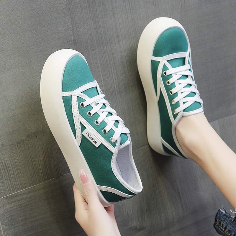 

Contrast Binding Lace-up Canvas Sneakers, Teal blue