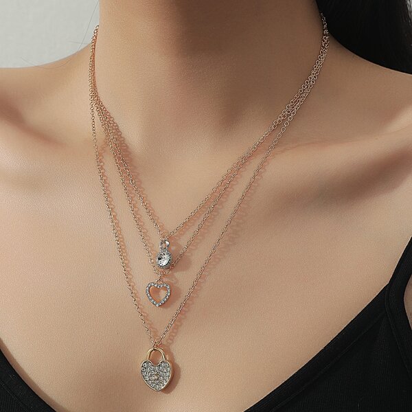 

Rhinestone Heart Charm Layered Necklace, Gold