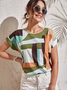 SHEIN LUNE Rolled Cuff Dolman Sleeve Top - Multicolor - View 1