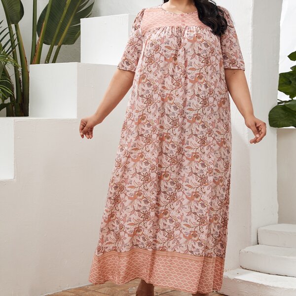

Plus Buttoned Front Floral Print Dress, Multicolor