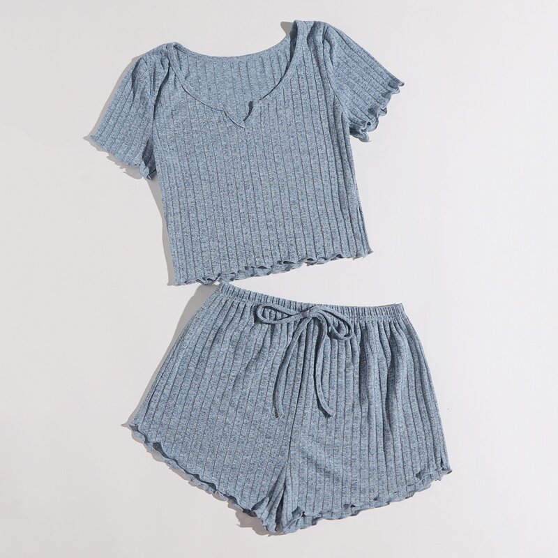 

Solid Lettuce Trim Ribbed Pajama Set, Dusty blue