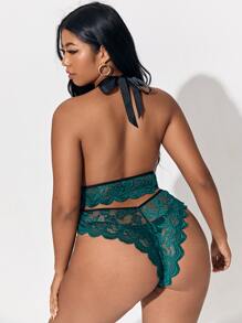 Plus Floral Lace Scallop Trim Teddy Bodysuit - Dark Green - View 2