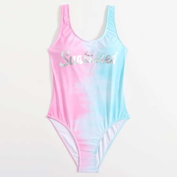 

Tie Dye Letter Graphic One Piece Swimsuit, Multicolor