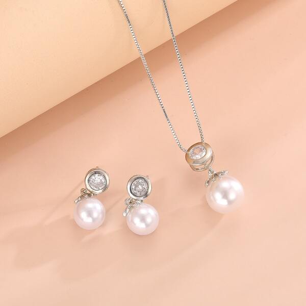 

Faux Pearl Charm Necklace & 1pair Drop Earrings, Silver