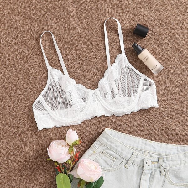

Plus Sheer Floral Lace Bra, White