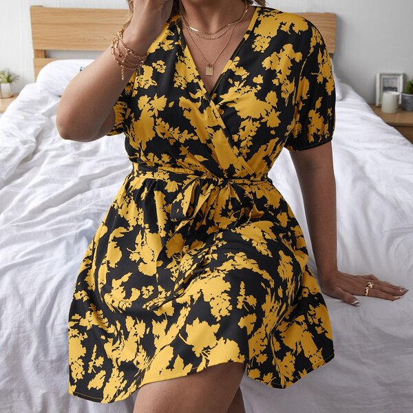 

Plus Floral Print Self Tie A-line Dress, Multicolor