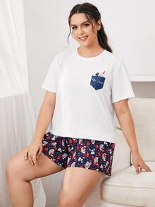 SHEIN Plus Letter & Dog Print Tee and Shorts Set - Multicolor - View 2