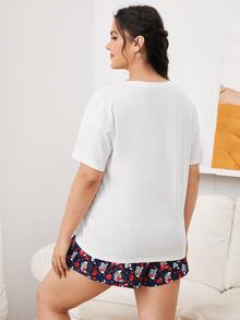 SHEIN Plus Letter & Dog Print Tee and Shorts Set - Multicolor - View 3