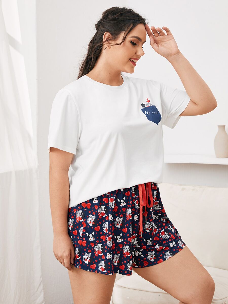 SHEIN Plus Letter & Dog Print Tee and Shorts Set - Multicolor - View 1