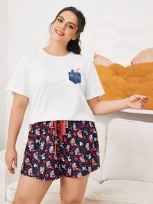 SHEIN Plus Letter & Dog Print Tee and Shorts Set - Multicolor - View 5