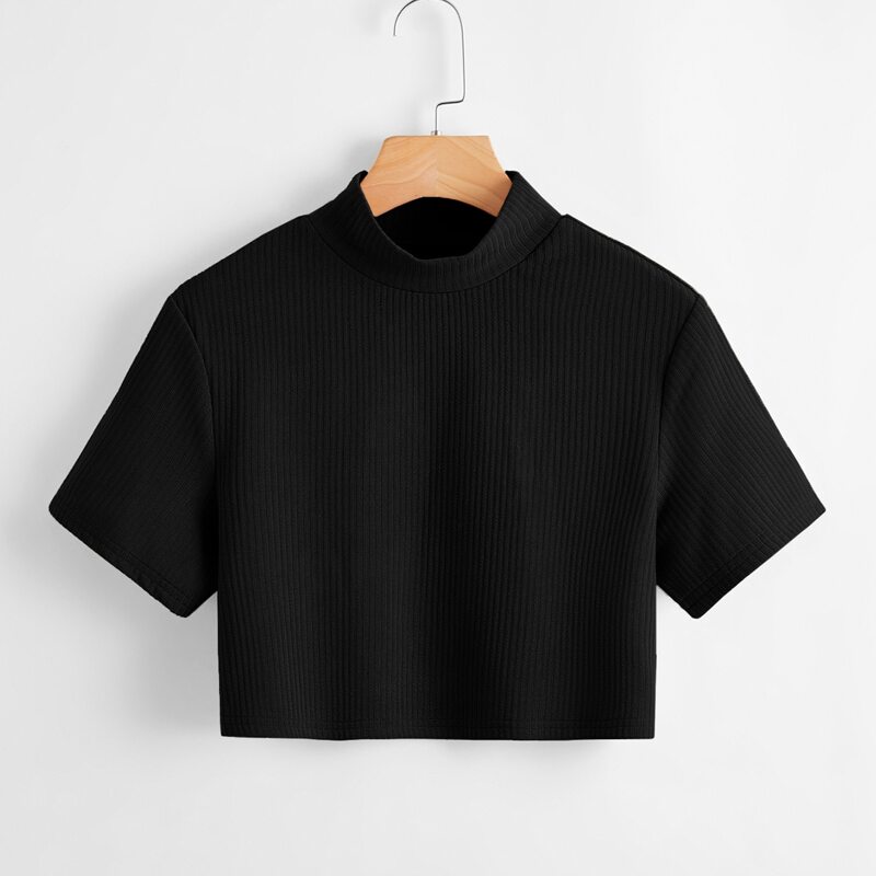 

Solid Mock Neck Ribbed Crop Tee, Black
