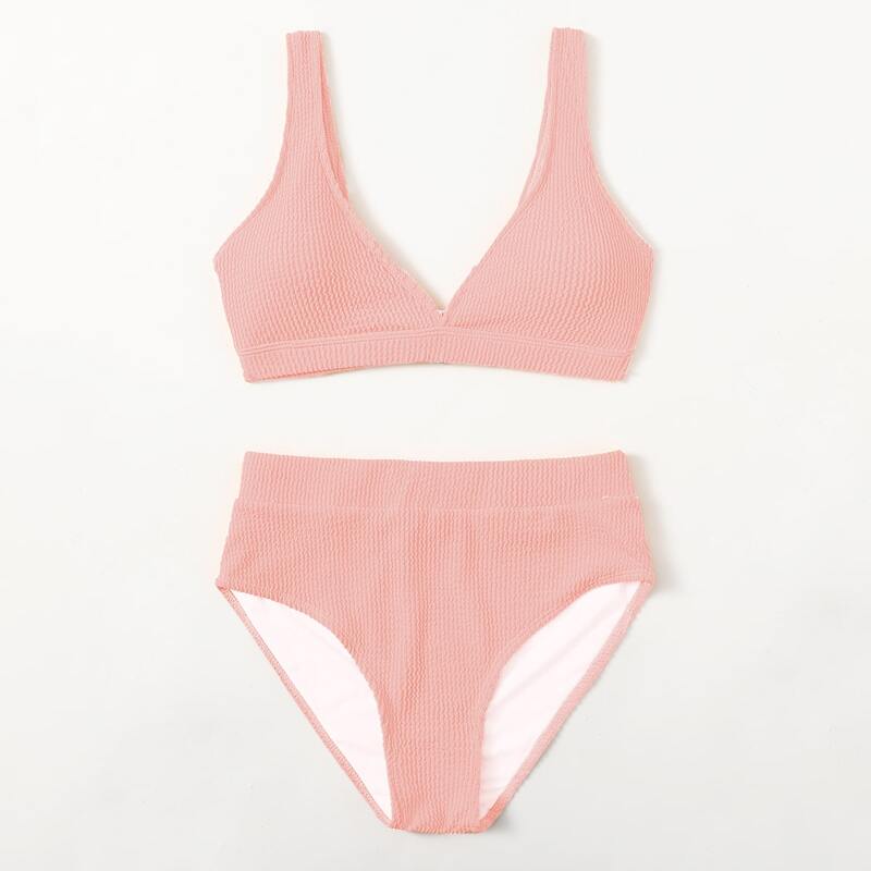

Textured V Neck Bikini Swimsuit, Baby pink
