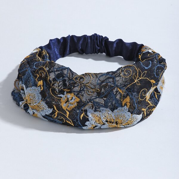 

Flower Embroidered Hair Band, Blue