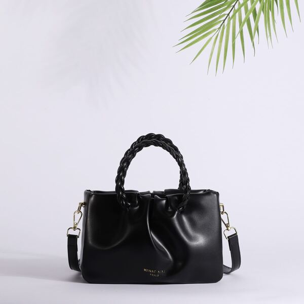 

Minimalist Satchel Bag With Braided Strap, Black