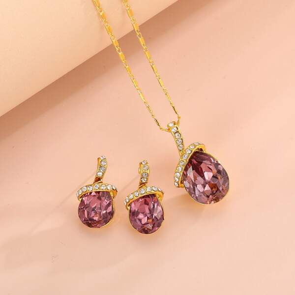 

Rhinestone Decor Necklace & 1pair Earrings, Gold