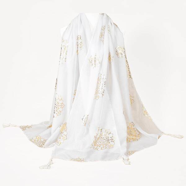 

Tassel Decor Graphic Scarf, White