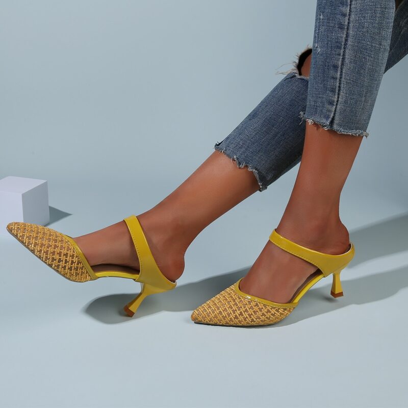 

Mesh Pointed Toe Heeled Mules, Yellow