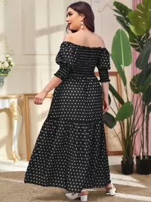 SHEIN Unity Plus Off Shoulder Shirred Polka Dot Dress - Black - View 2
