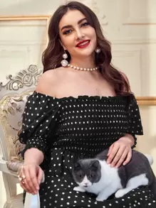 SHEIN Unity Plus Off Shoulder Shirred Polka Dot Dress - Black - View 4