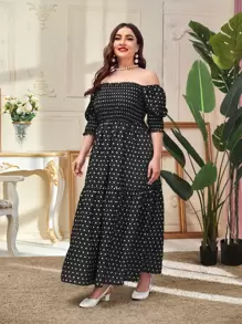 SHEIN Unity Plus Off Shoulder Shirred Polka Dot Dress - Black - View 5