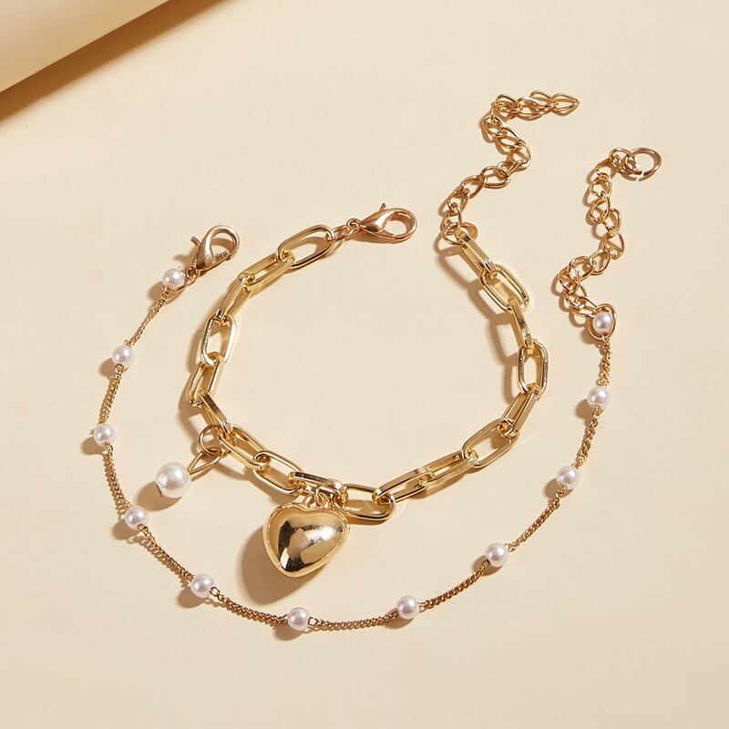

2pcs Heart Faux Pearl Chain Bracelet, Gold