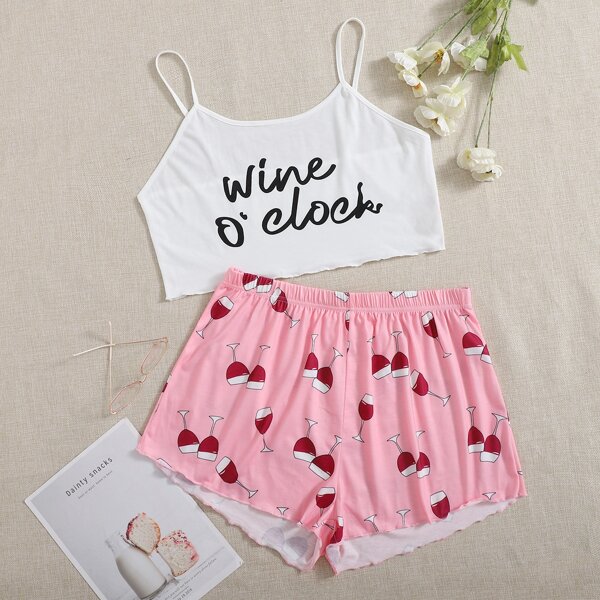 

Plus Wine Glass & Letter Graphic Cami Pajama Set, Multicolor