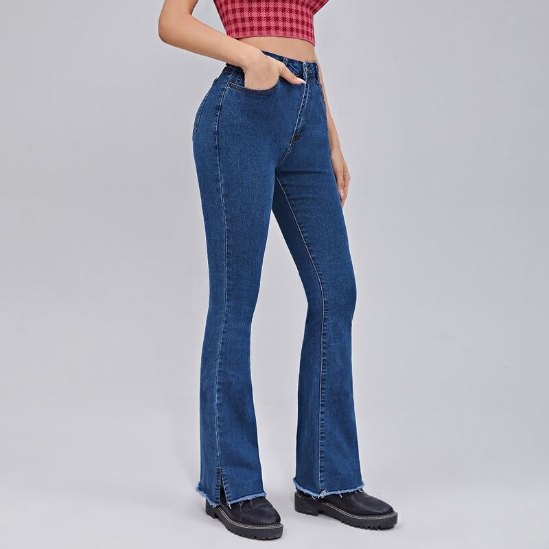 

High Waist Raw Hem Flare Leg Jeans, Dark wash