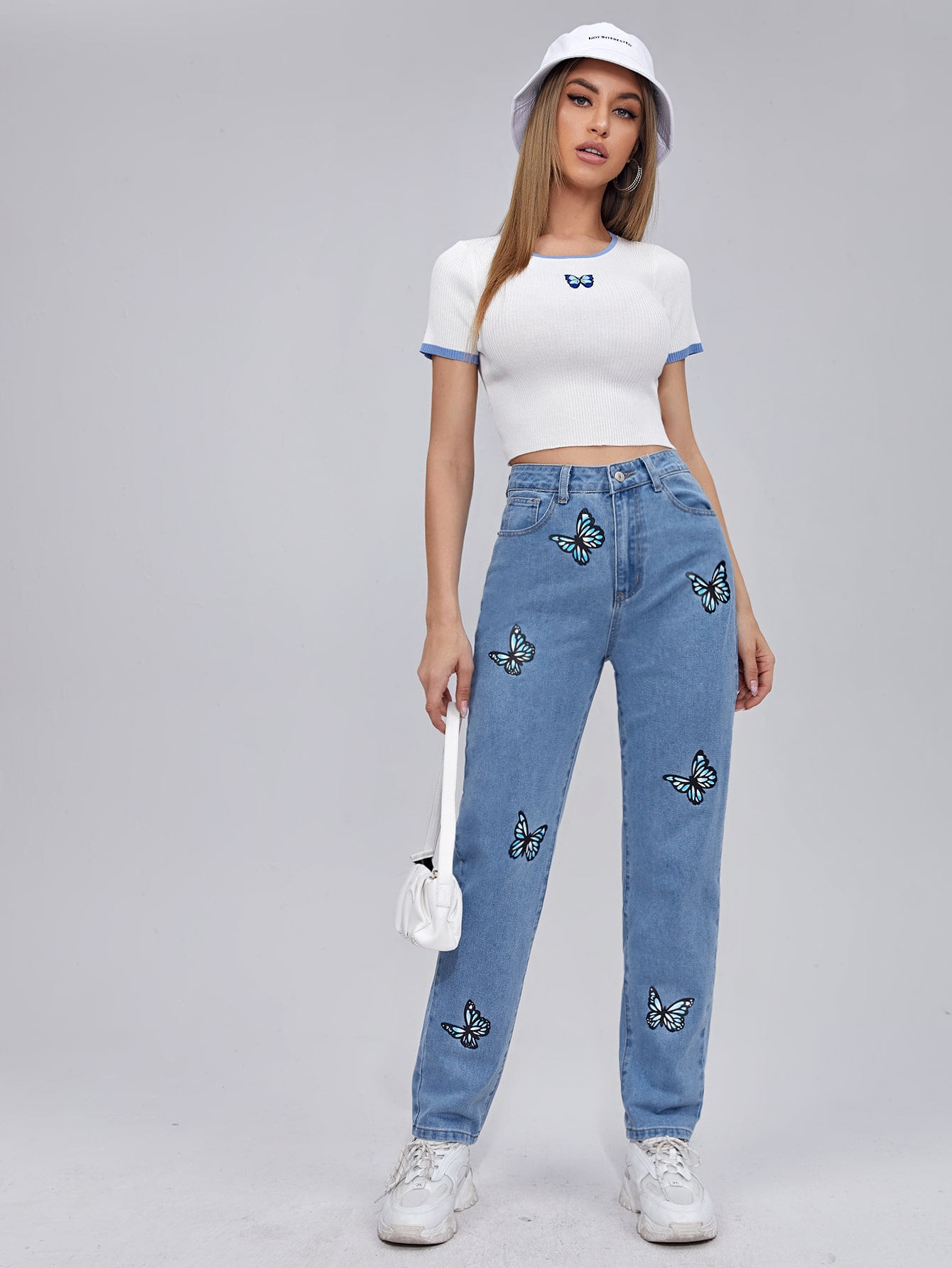 SHEIN Butterfly Print Straight Leg Jeans SHEIN EUR